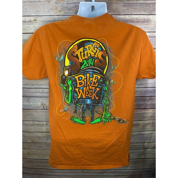 Sturgis 2014 Bike Week T-Shirt Size Medium, Orange Gildan Double Sided - Picture 2 of 10